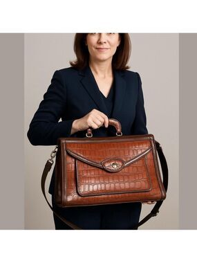 90s MARC CHANTEL BROWN CROCODILE-EMBOSSED & LEATHER TRIM CASE EMBOSSED HARDWARE